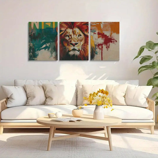 3pcs Vibrant African Lion Colorful Abstract Metal Print Ready to Hang Art