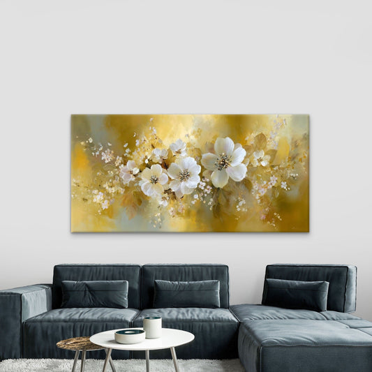 Elegant Yellow & Floral Wall Art Canvas Office Home Room Framed 80x45cm