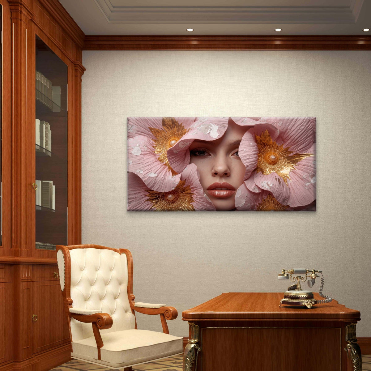 Pink Gold Flower Woman Face Wall Art Canvas Office Home Room Framed 120x60cm