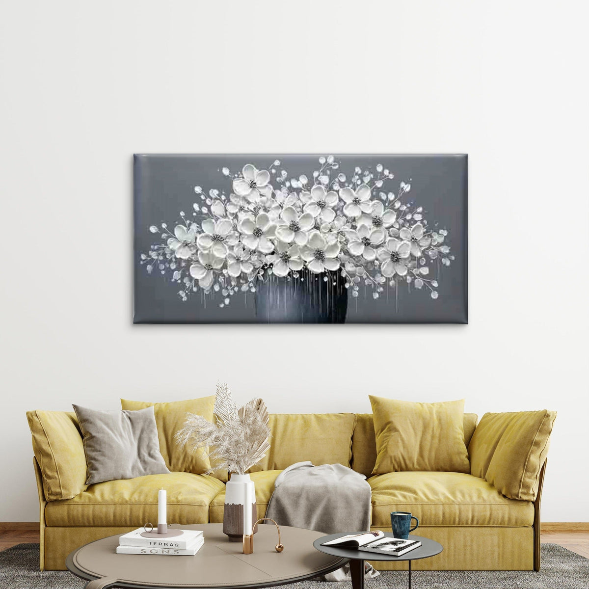 White Flowers in a Dark Vase Wall Art Canvas Office Home Room Framed 80x45cm