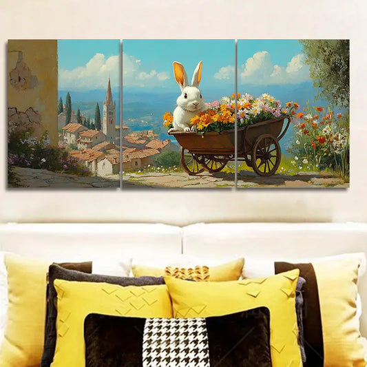 3pcs Pieces Showcasing a Rabbit with a Wheelbarrow Metal Print Ready to Hang Art