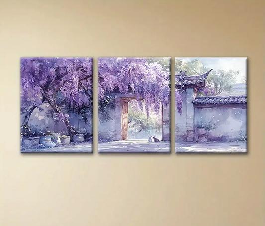 3pcs Serene Purple-Toned Scene with Blooming Wisteria and Blossoming Trees Metal Print Ready to Hang Art