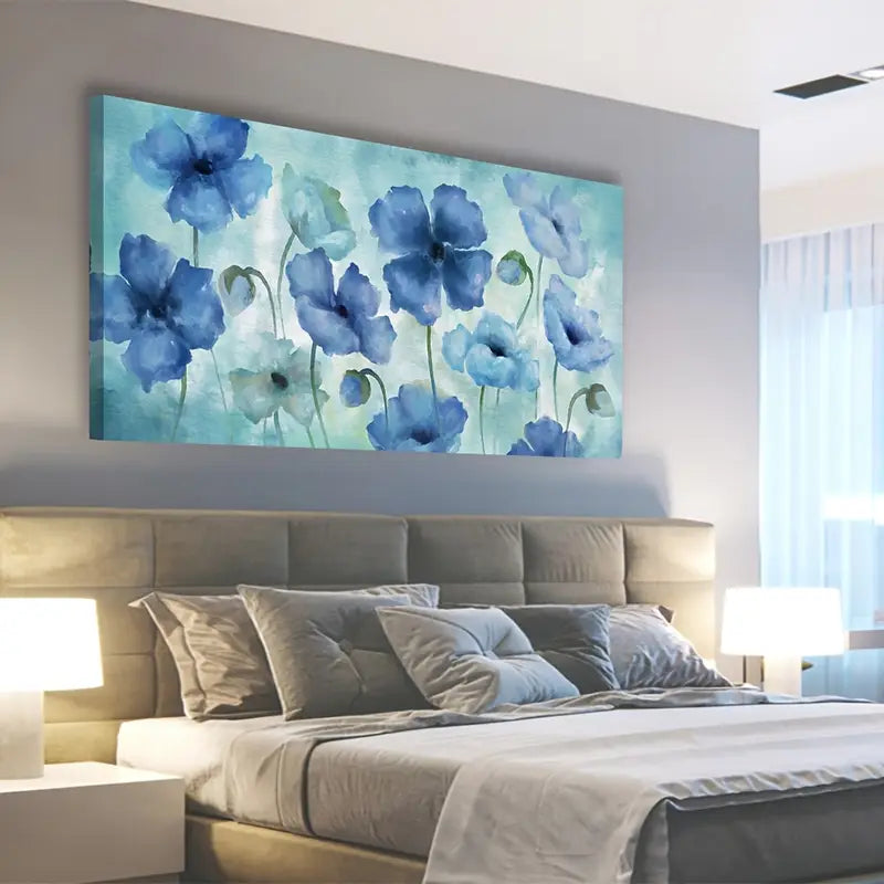 Blue Abstract Floral Indigo Blossom Wall Art canvas office home room framed 120x60cm