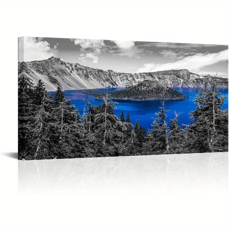 Black and White Blue Volcano Lake Wall Art canvas office home room framed 120x60cm