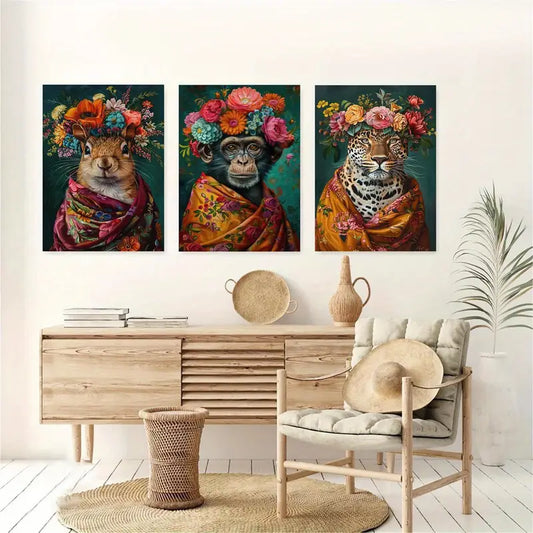 3pcs Squirrel, Monkey, Leopard with Floral Headpieces Metal Print Ready to Hang Art