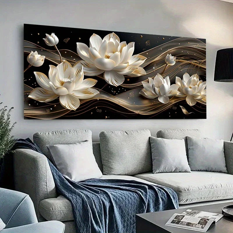 Golden Flowers & River wall canvas office home room framed 120x60cm