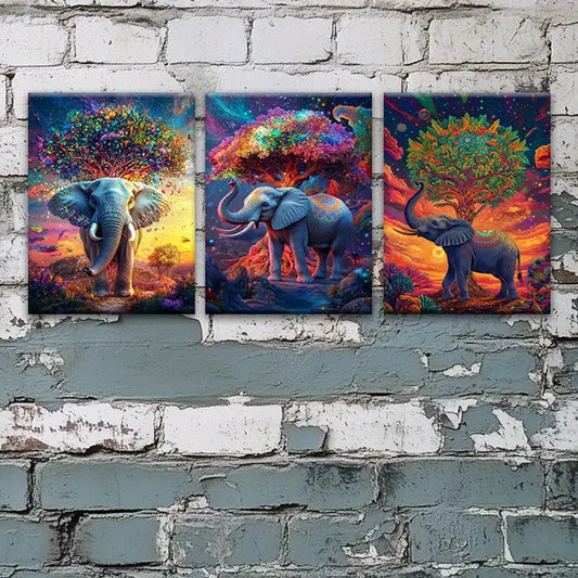 3pcs Vivid Magical Elephant Multicolor Design Metal Print Ready to Hang Art