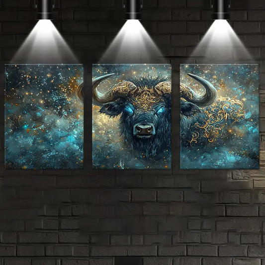 3pcs Dark Blue Abstract Cow Golden Design Metal Print Ready to Hang Art
