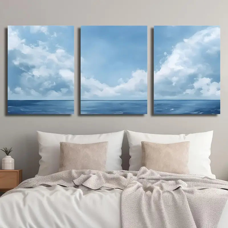 3pcs Tranquil Blue Ocean & Sky with Clouds Beach Metal Print Ready to Hang Art