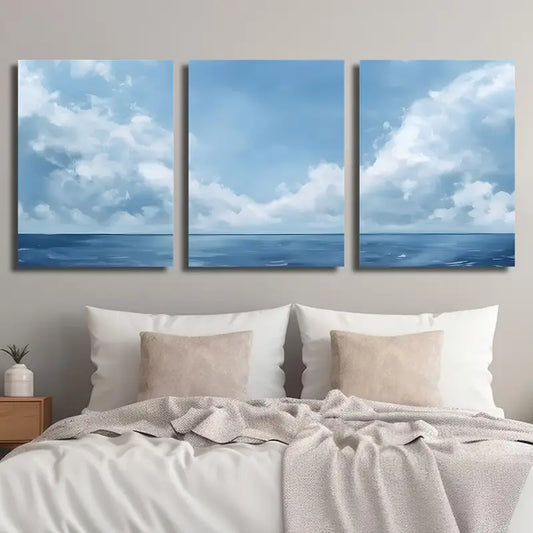 3pcs Tranquil Blue Ocean & Sky with Clouds Beach Metal Print Ready to Hang Art