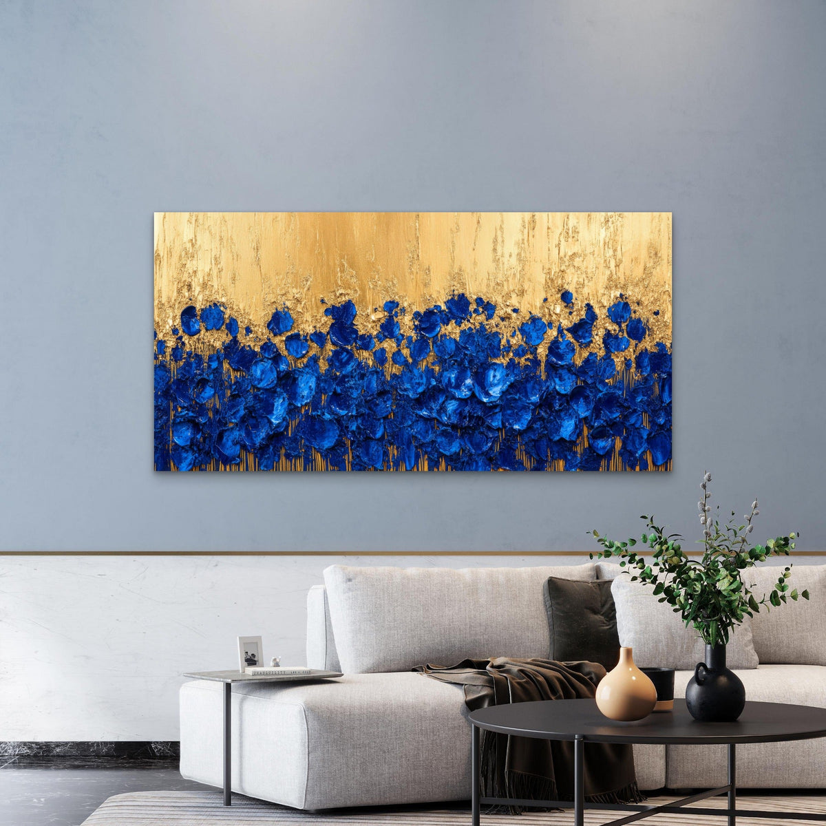 Golden Blue Floral Dreams Wall Art Canvas Office Home Room Framed 80x45cm
