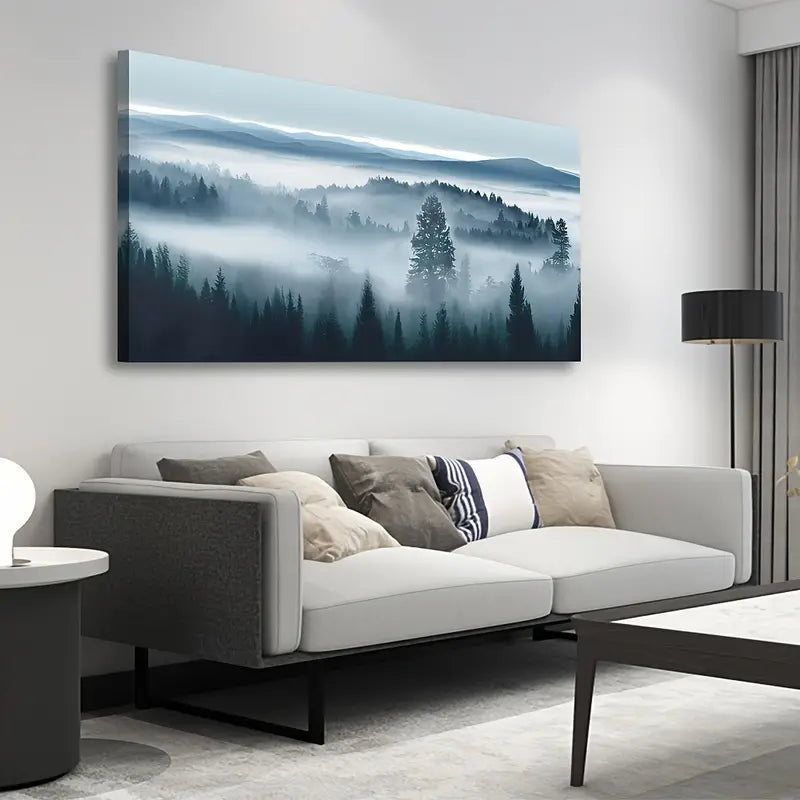 Misty Forest Blue Grey Abstract Mountain Trees Wall Art canvas office home room framed 120x60cm