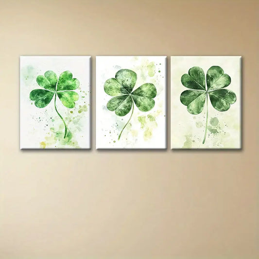 3pcs Mysterious Four-Leaf Clover Green Watercolor Design Metal Print Ready to Hang Art
