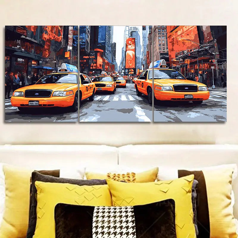 3pcs Cabs in the City Scene Metal Print Ready to Hang Art