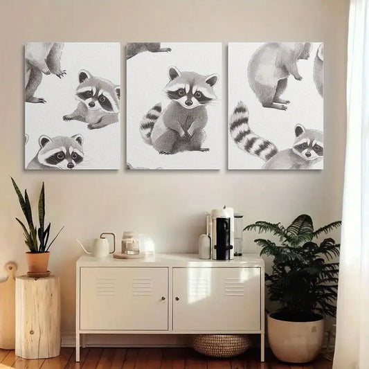 3pcs Charming Digital Illustration of Adorable Raccoons Metal Print Ready to Hang Art