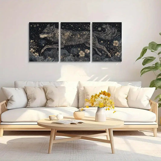 3pcs Watercolor celestial wolf with stars for fur Painting Metal Print Ready to Hang Art