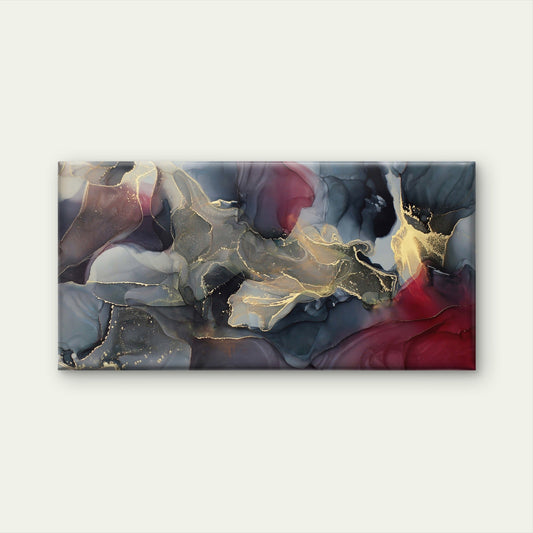Abstract Black Red Alcohol Ink Swirl Gold Foil Wall Art Canvas Office Home Framed 80x45cm