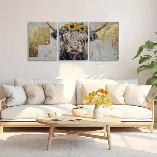 3pcs  Highland Cow with Sunflowers Vibrant Watercolor Metal Print Ready to Hang Art
