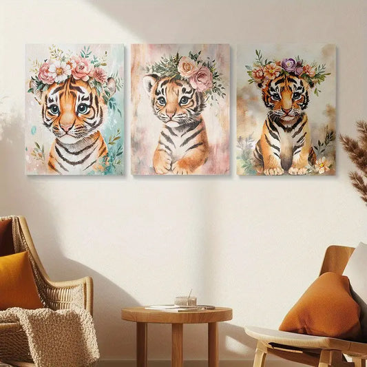 3pcs Watercolor Lion & Tiger Cubs in Floral Wreaths Metal Print Ready to Hang Art