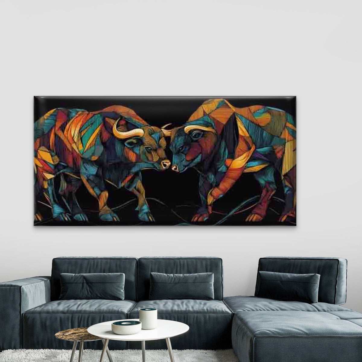 Two Bulls Confrontation Wall Art Canvas Office Home Room Framed 80x45cm