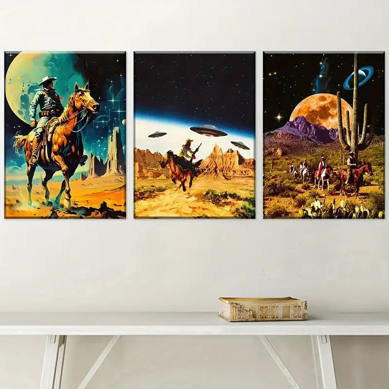 3pcs Modern Abstract Starry Sky Cowboy UFO Art Wall Art Set Canvas Framed 40x60cm - High Quality Print 100% Australian Made Wall Canvas Ready to Hang
