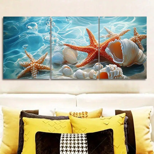 3pcs Chic Sea Shells & Starfish Metal Print Ready to Hang Art