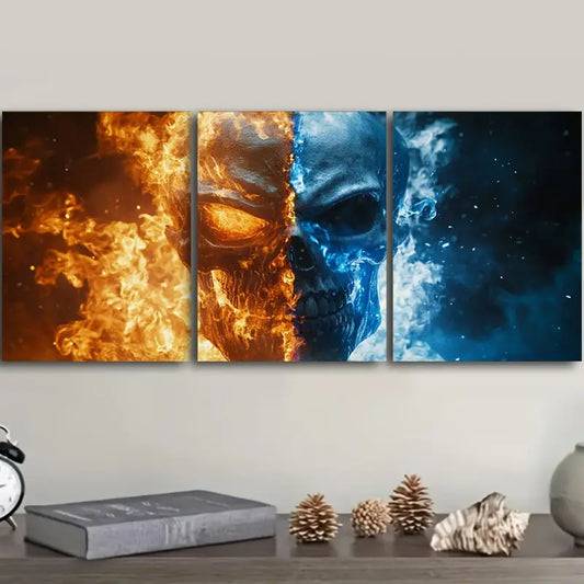 3pcs Featuring a Fiery Skull And an Icy Skeleton Head Metal Print Ready to Hang Art