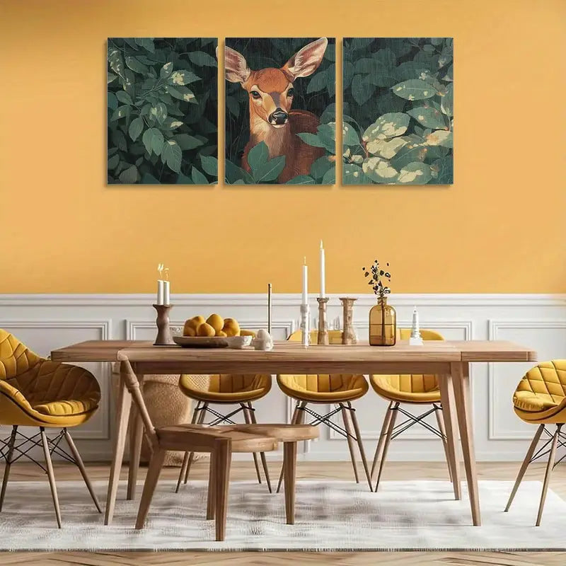 3pcs Forest Deer Green Foliage & Butterflies Design Metal Print Ready to Hang Art