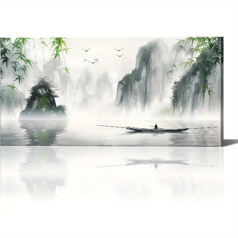Black & White Serene Lake with Green Bamboo Birds & Boat Wall Art canvas office home room framed 120x60cm