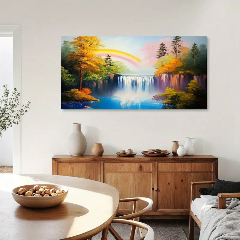 Waterfall Natural Lake Rainbow Autumn Trees Pine Wall Art canvas office home room framed 120x60cm