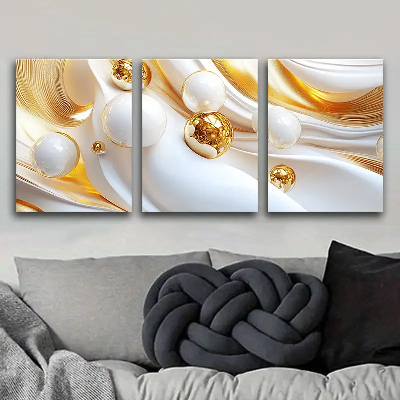 3pcs Featuring White And Golden Spheres Metal Print Ready to Hang Art
