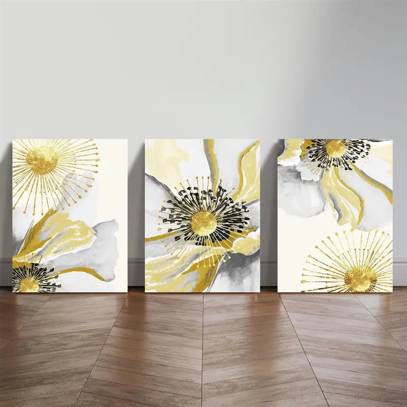 3pcs Abstract Floral Golden Foil Printing, Modern Light Metal Print Ready to Hang Art