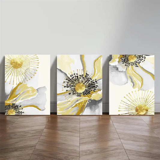 3pcs Abstract Floral Golden Foil Printing, Modern Light Metal Print Ready to Hang Art