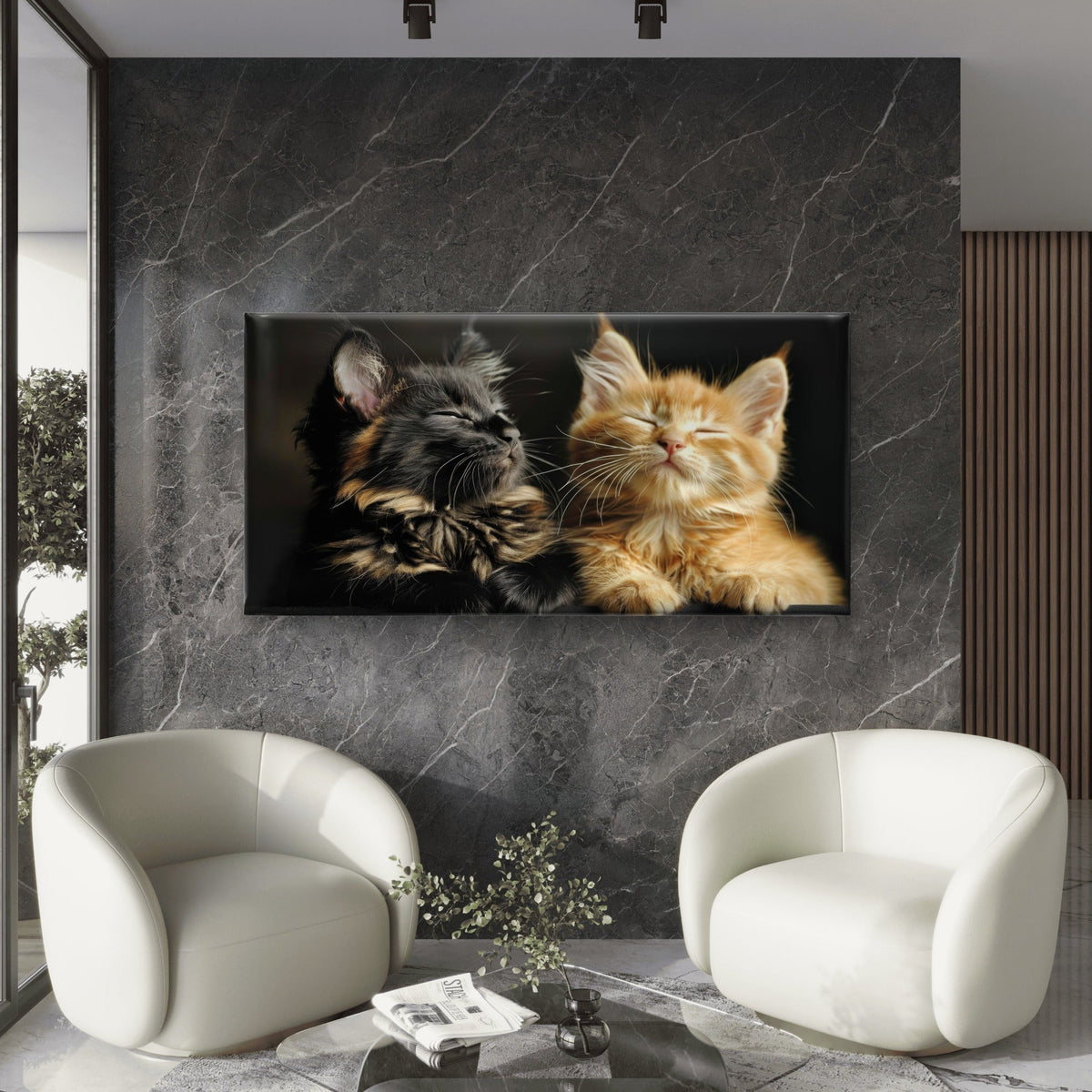 Two Fluffy Maine Coon Cat Wall Art Canvas Office Home Room Framed 120x60cm