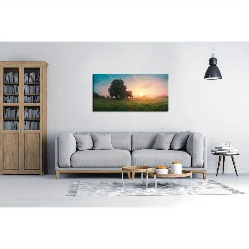 Spring Panoramic Sky Fluffy Clouds Over Green Field Wall Art canvas office home room framed 120x60cm