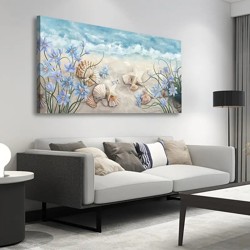 Starfish Shells Seaside Blue White Flowers Wall Art canvas office home room framed 120x60cm