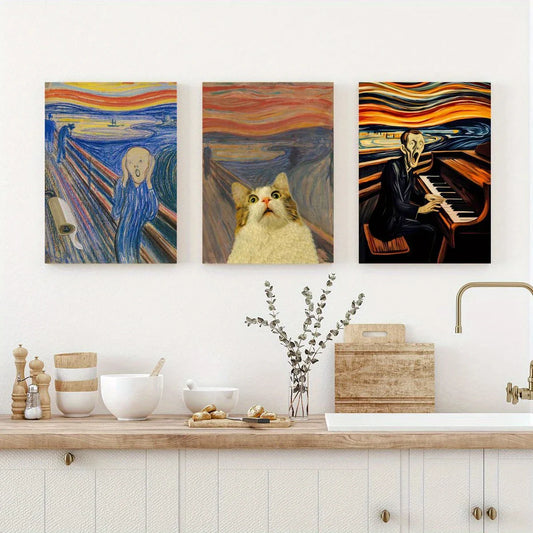 3pcs Man Screaming Holding His Head, Frightened Cat Metal Print Ready to Hang Art