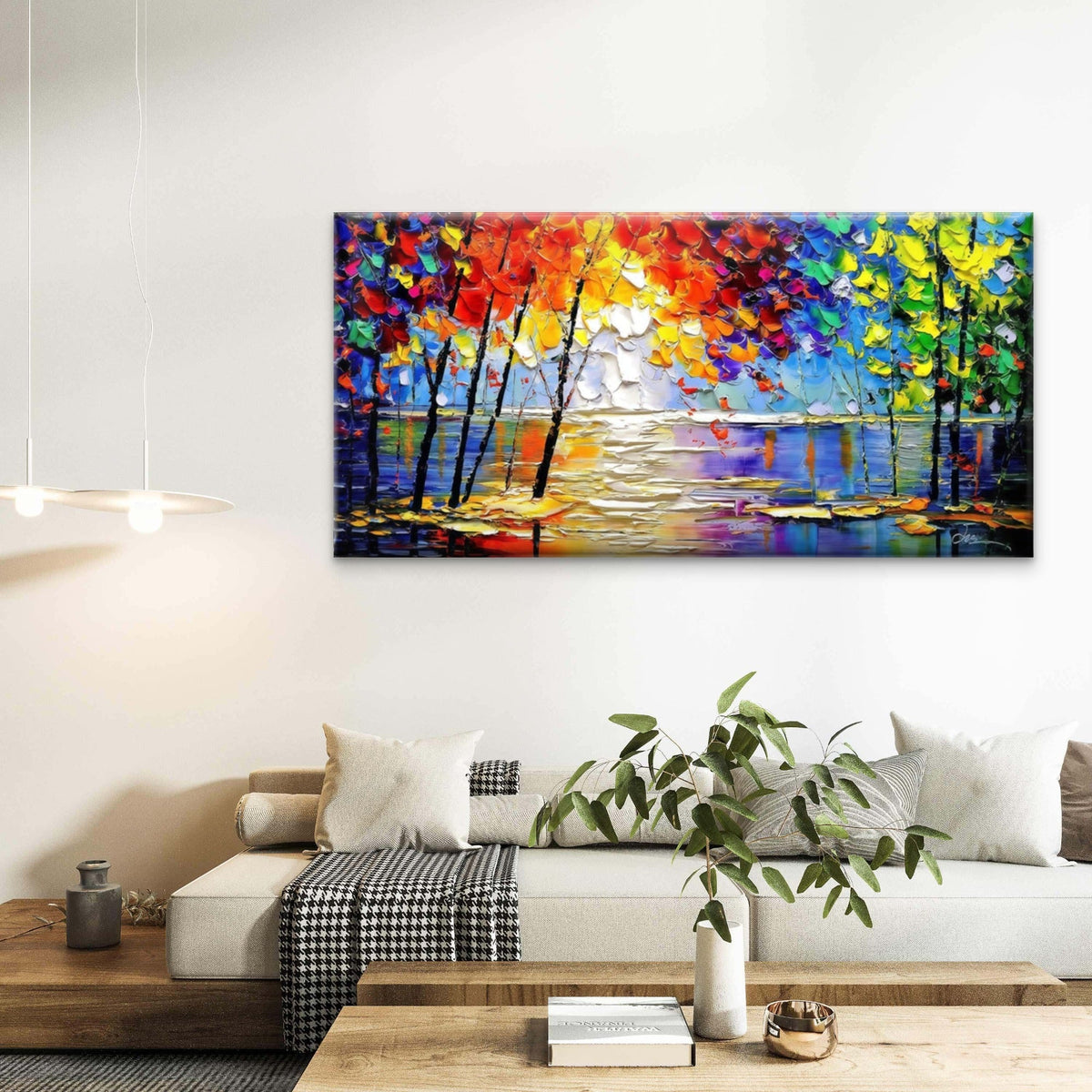 Abstract Trees And Lake Lands Wall Art Canvas Office Home Room Framed 80x45cm