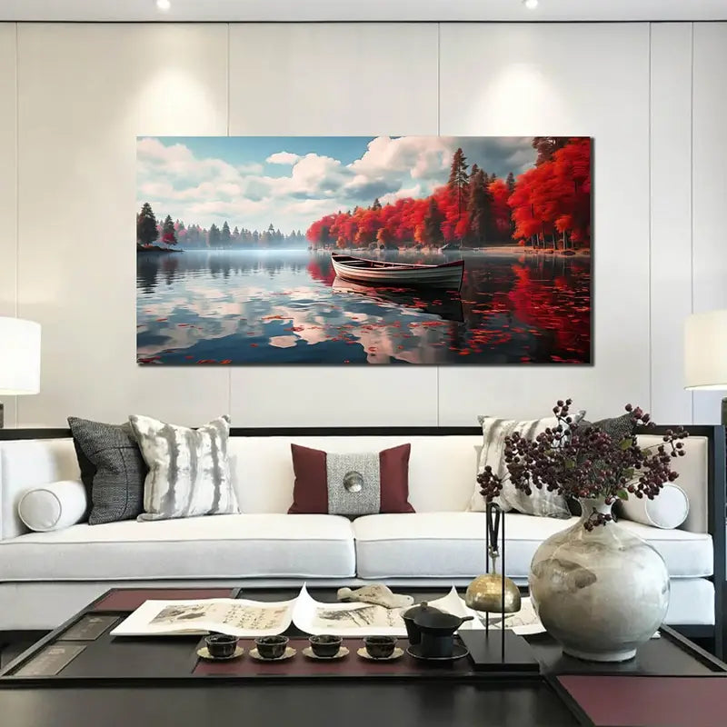 Red Forest White Clouds Blue Sky River Wall Art canvas office home room framed 120x60cm