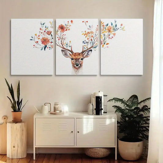 3pcs Watercolor Vibrant Floral Antler Deer Design Metal Print Ready to Hang Art