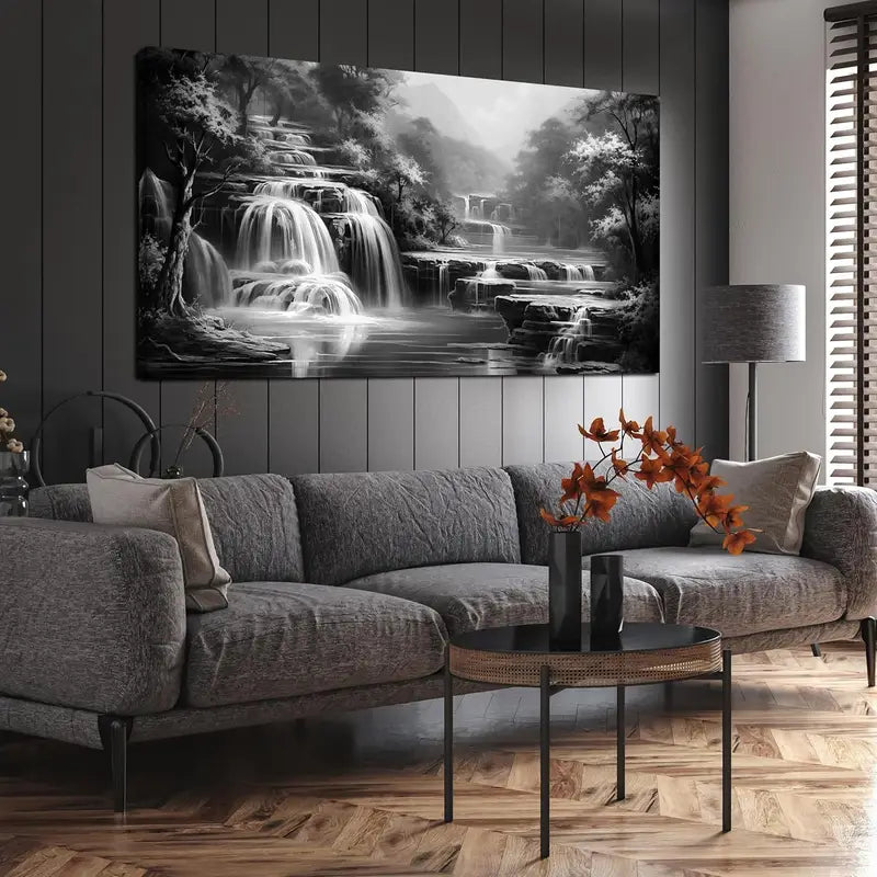 Black and White Serene Waterfall Nature Scene Wall Art canvas office home room framed 120x60cm