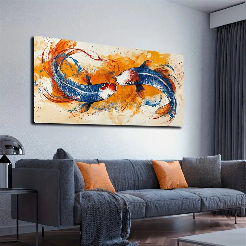 Two Koi Fish Orange Blue Hues Wall Art Canvas Office Home Room Framed 120x60cm