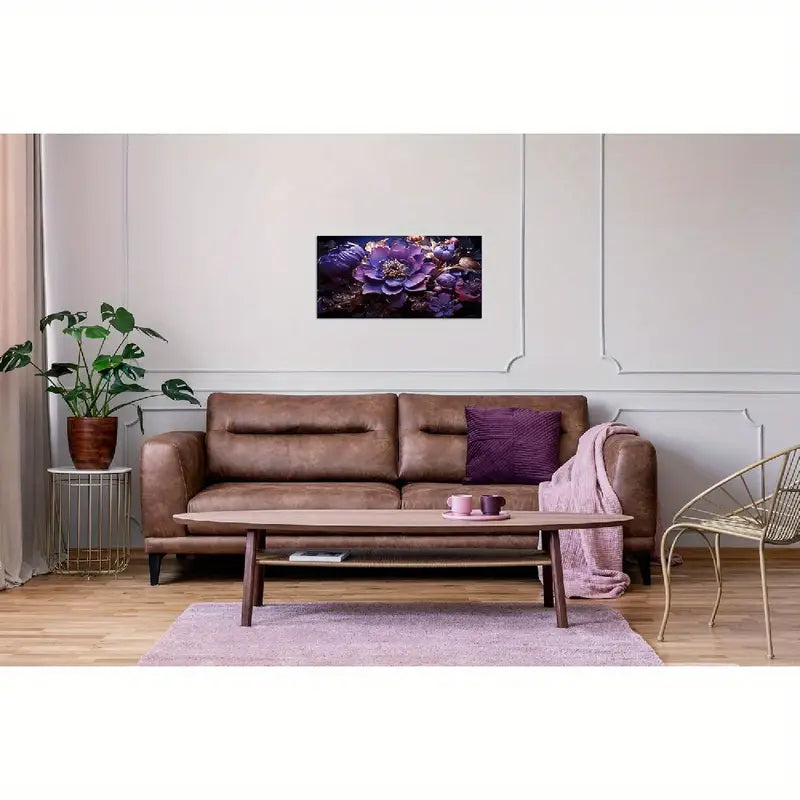 Abstract Purple Flower Deep Violet & Golden Accents Wall Art canvas office home room framed 120x60cm