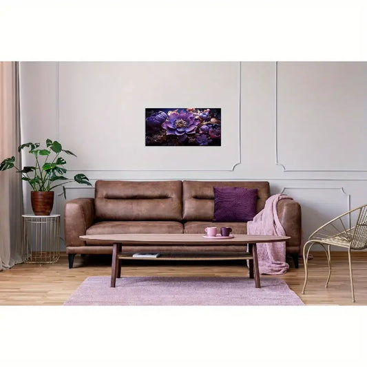 Abstract Purple Flower Deep Violet & Golden Accents Wall Art canvas office home room framed 120x60cm