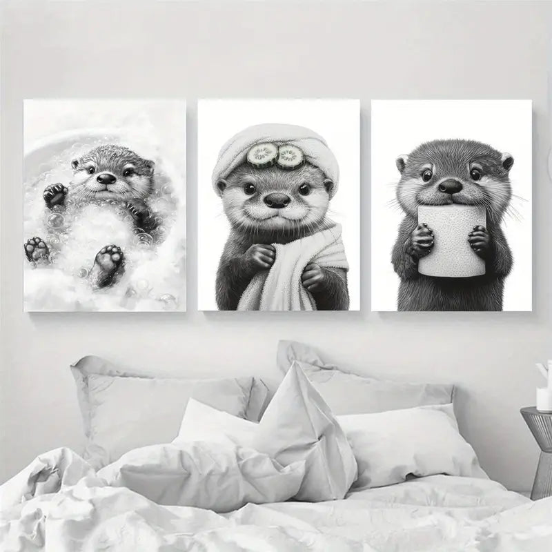 3pcs Adorable Otter Black & White Cartoon Classic Design Metal Print Ready to Hang Art