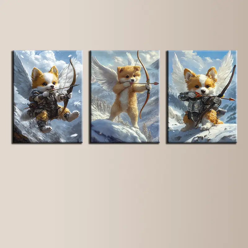 3pcs Whimsical Angel Fox with Bow and Arrow, Vibrant Metal Print Ready to Hang Art
