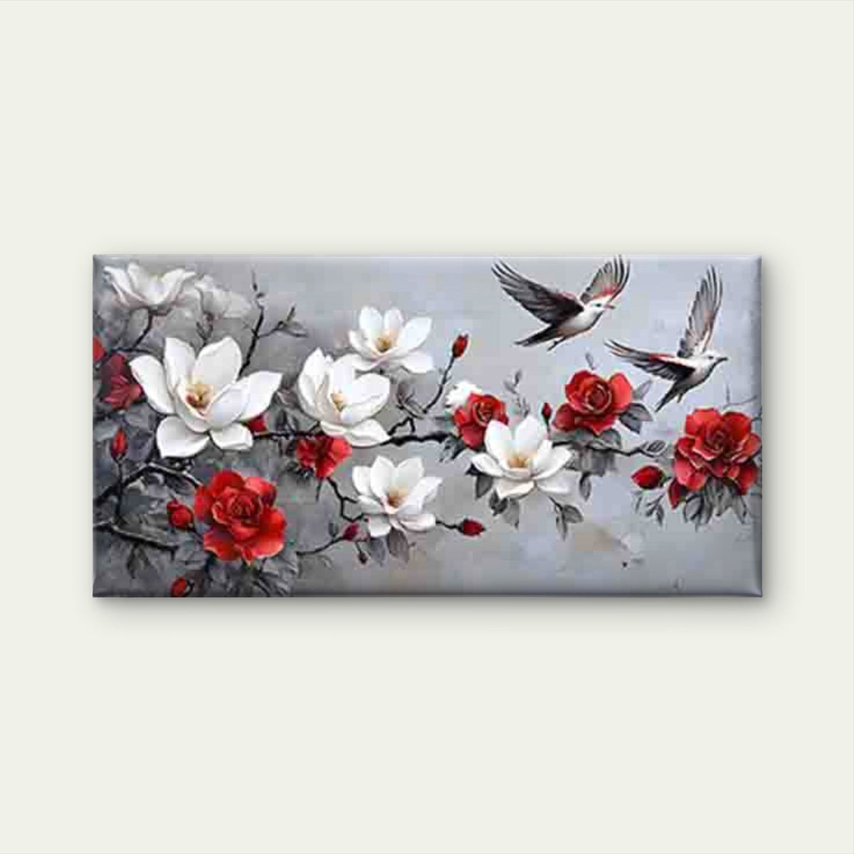 White Floral with Flying Birds Wall Art Canvas Office Home Room Framed 80x45cm