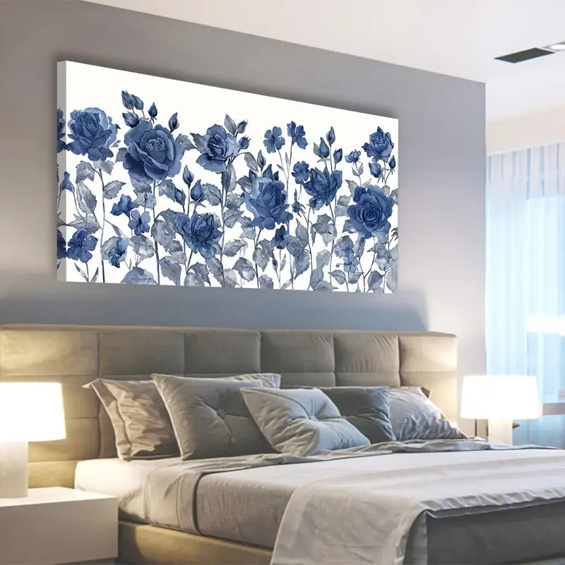 Blue Roses Botanical Blossom Nature Wall Art canvas office home room framed 120x60cm
