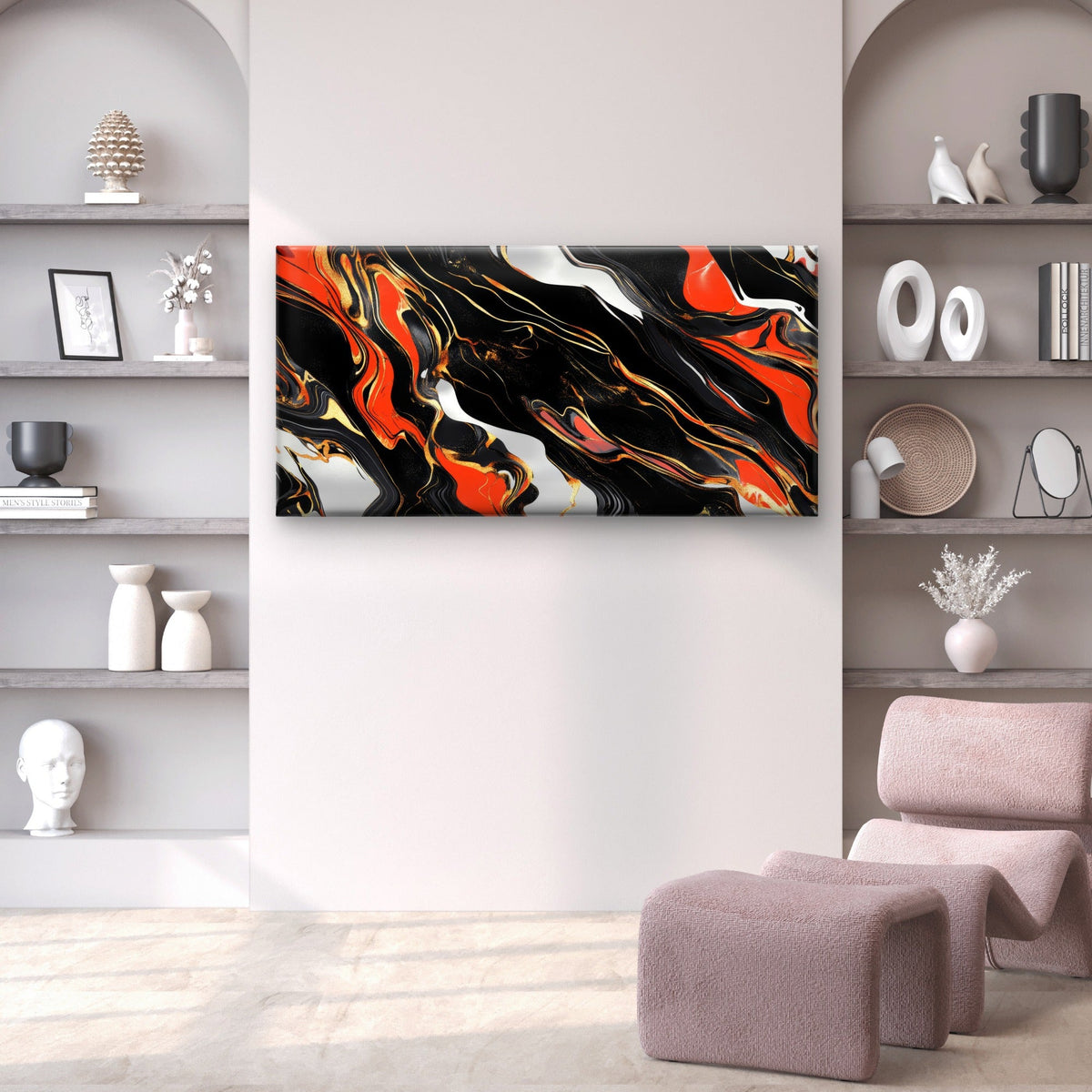 Fluid Black Red Swirl Marble Wall Art Canvas Office Home Room Framed 120x60cm
