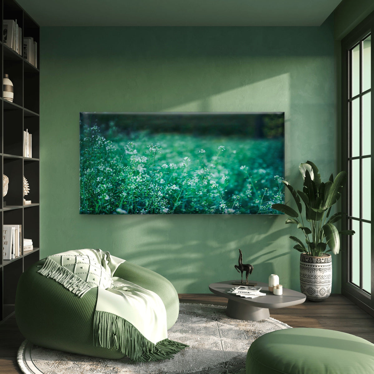 White Flowers In A Green Field Wall Art Canvas Office Home Room Framed 120x60cm